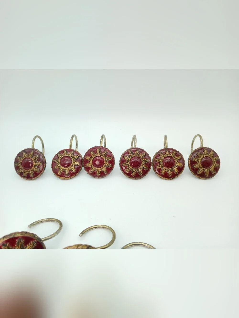 Vintage-Inspired Red and Gold Victorian Shower Rings - Set of 11 (One Missing)